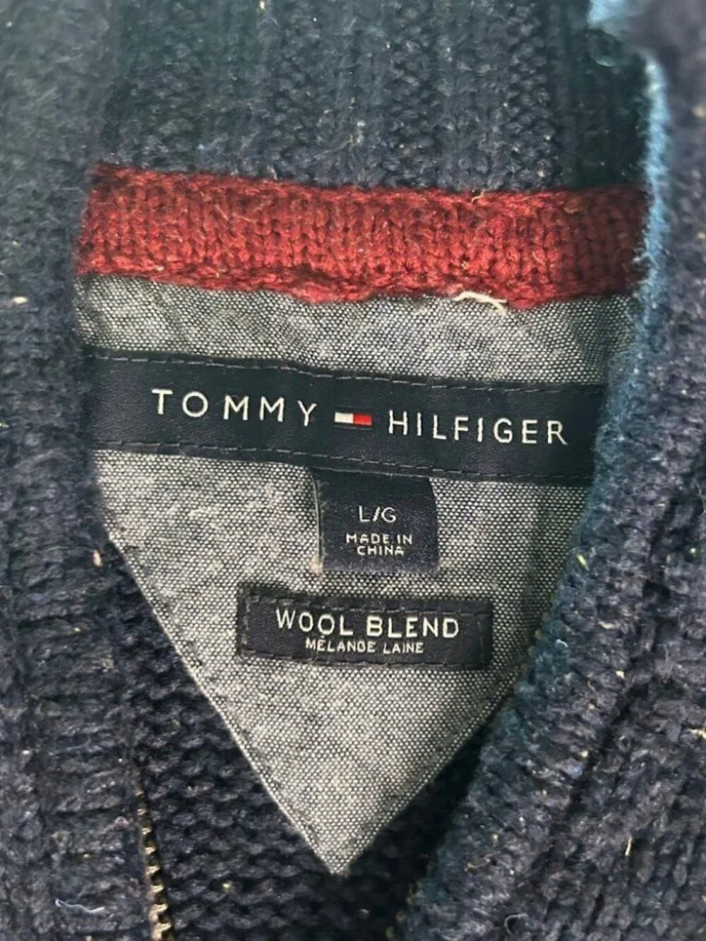 Tommy Hilfiger Wool Blend 1/4 Zip Sweater L Fair Isle Navy Beige Pattern